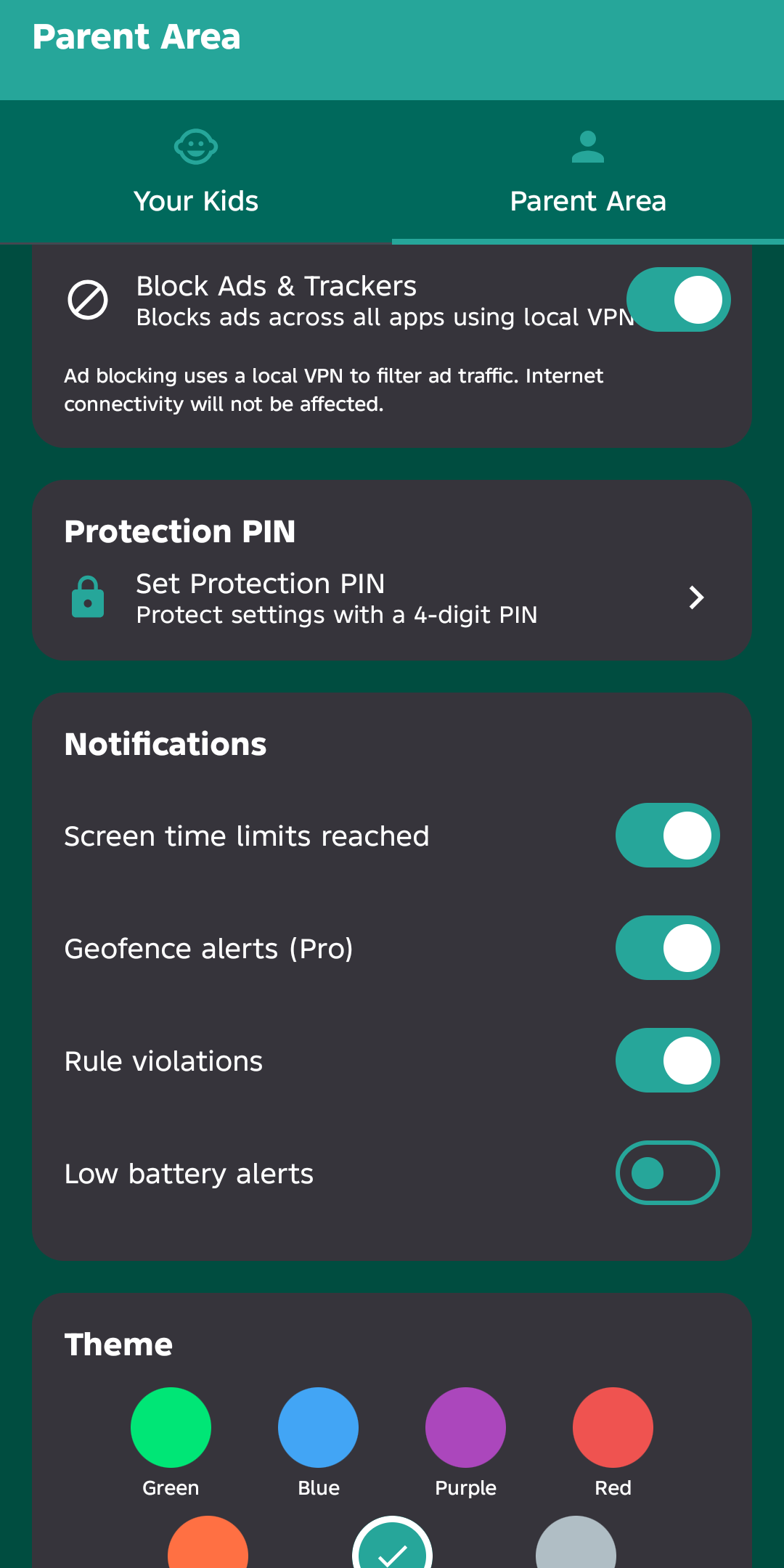 Parent area settings