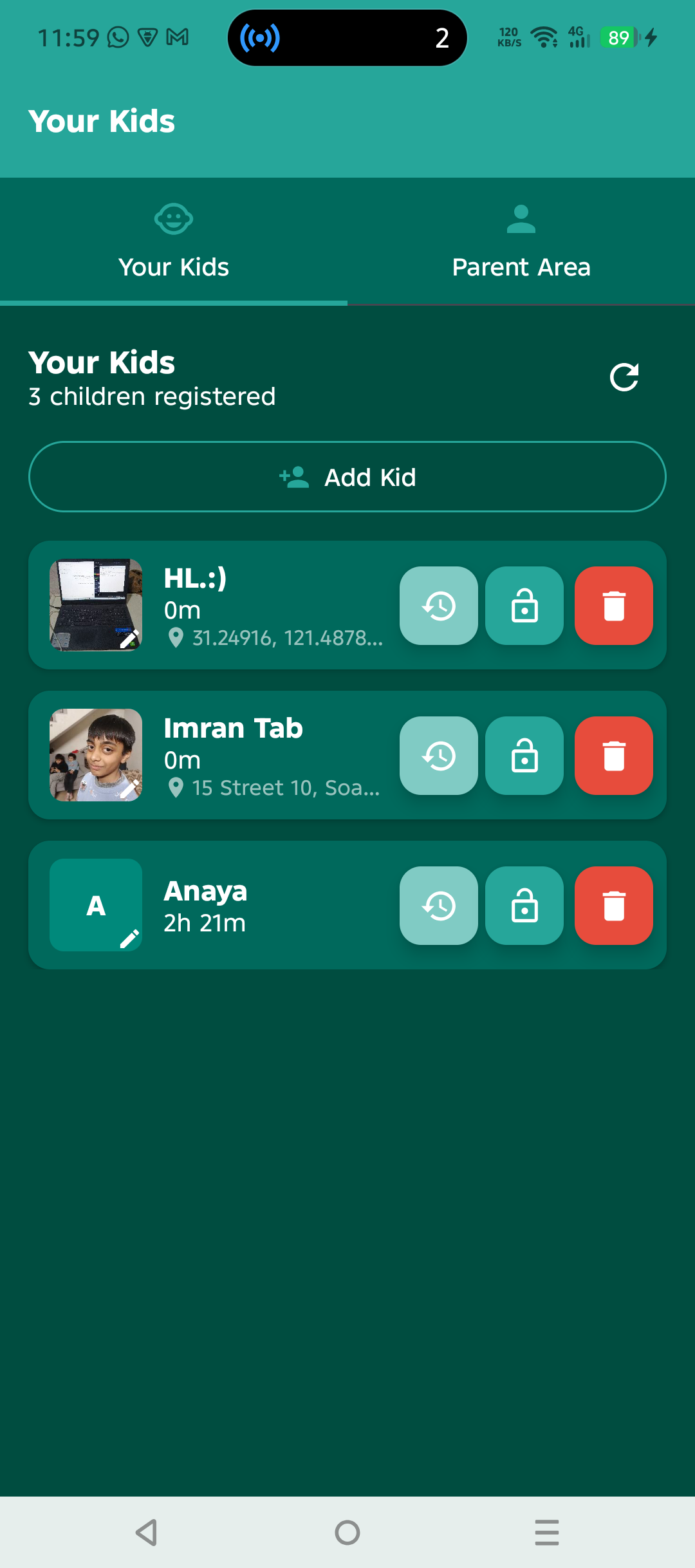 Your Kids screen with the Add Kid button