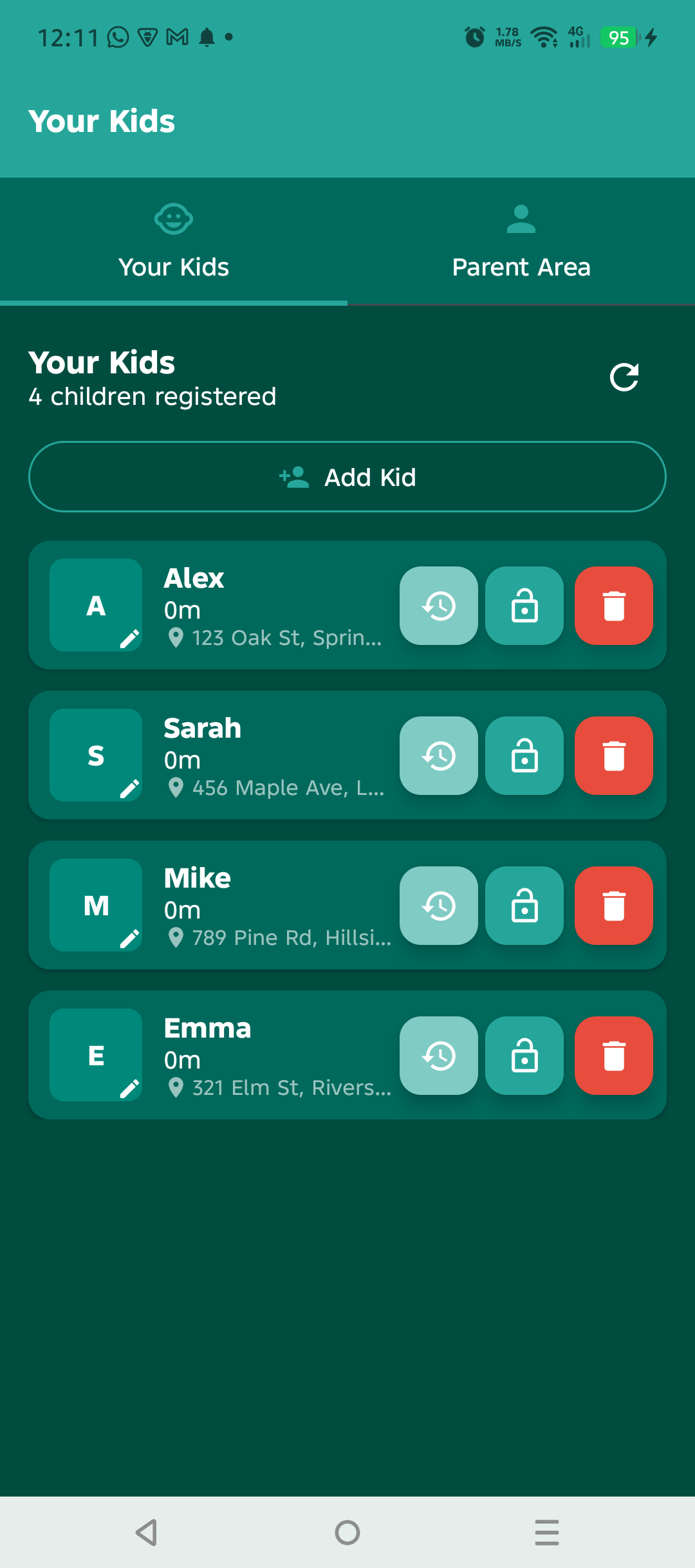 Your Kids showing the connected child with live status